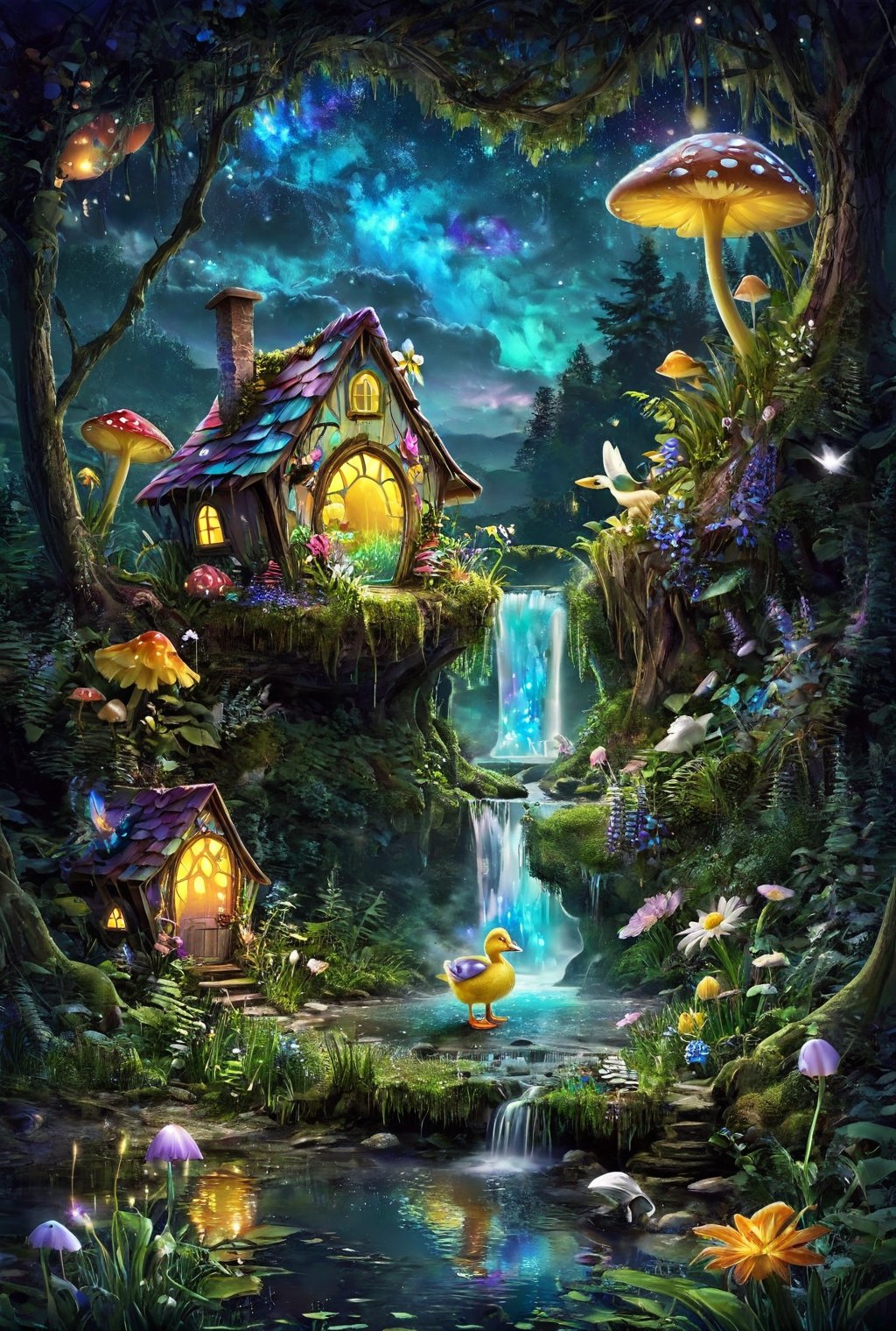 magic  fantacyworld ,beautiful fairy,,( plyaing wa_gon), in fantacy magic forest, glowing in night, flower,mashroom ,  fantacy waterfall, lake, duck ,mashroom , mini house, colour art,style,DissolveSdxl0,3l3ctronics