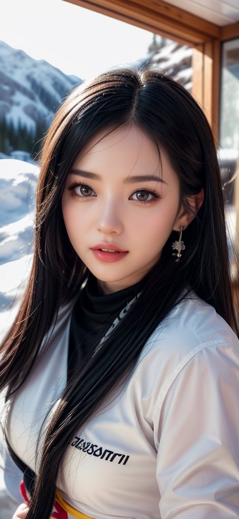  a beautiful cute Woman descends on  skiing on a sunny day and her friend takes a photo of , 
 snow fall ,  snow mountain masterpiece, photorealistic, best quality, detailed skin, intri 8k, HDR, cinematic lighting, sharp focus, eyeliner, lips, earrings, hmmikasa, long hair, 