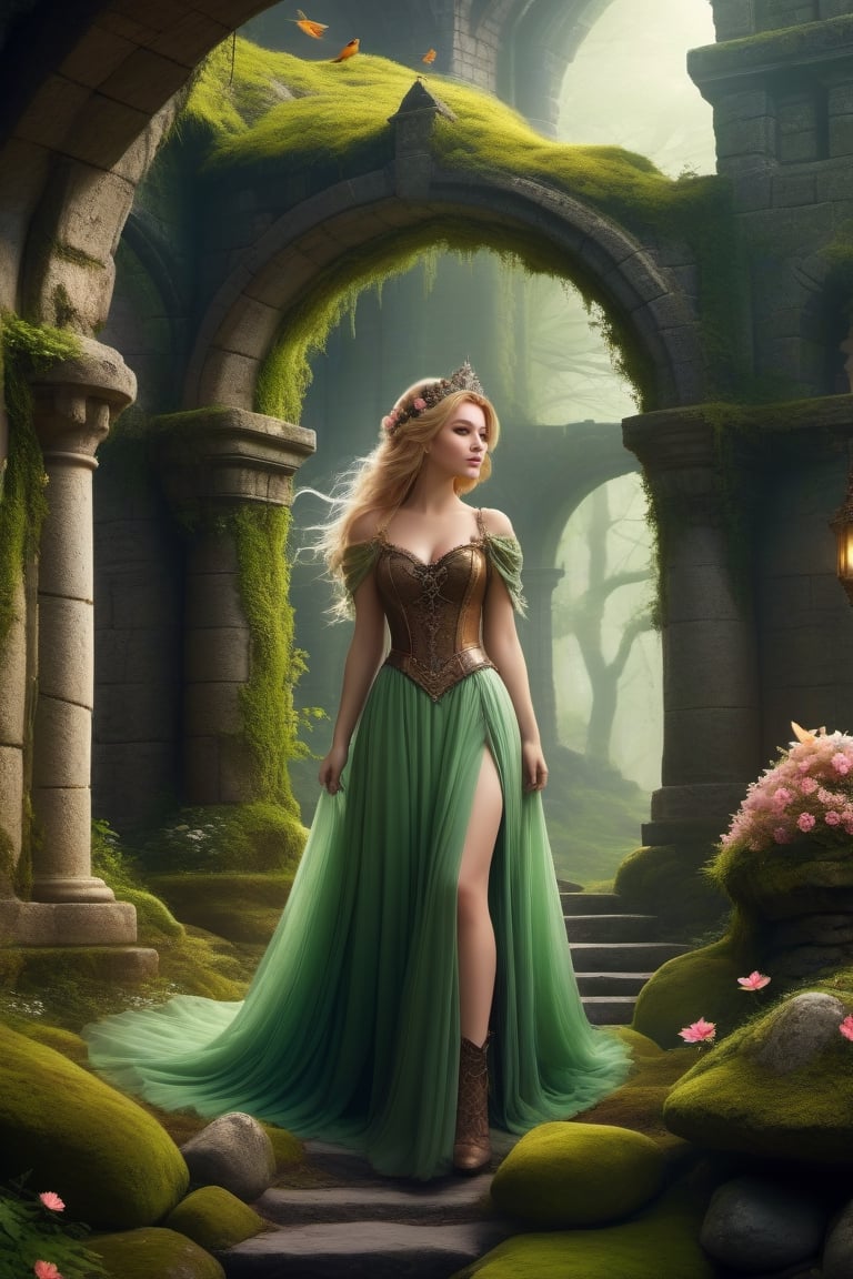 Princess,in (castle ,interior,broken) night dress,Ancient trees ,flower bloom,  old place, untouched, heart of forest, secret world, morning dew,  birds whispers,moss coverd stones,mystical heaven, fantacy,steampunk style