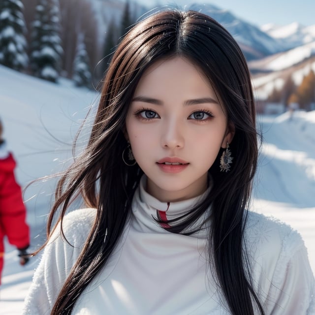  a beautiful cute Woman descends on  skiing on a sunny day and her friend takes a photo of , 
 snow fall ,  snow mountain masterpiece, photorealistic, best quality, detailed skin, intri 8k, HDR, cinematic lighting, sharp focus, eyeliner, lips, earrings, hmmikasa, long hair, 