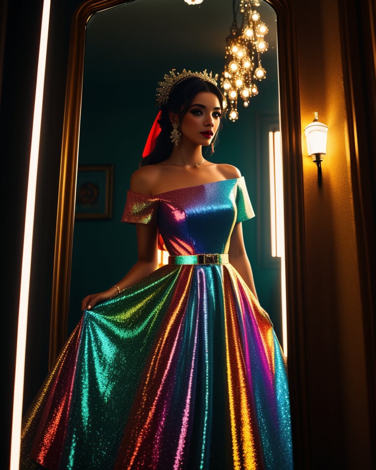 a girl wearing Colorful  mirror  designer dress,dimond ,frock ,CINEMATIC, CINEMATIC LIGHT ,8kHDr detailed. 