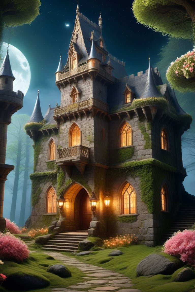 (Night time) ,Princess,in (castle ,interior,broken) ,(highly hyper detailed),altra hd, sharp, (realistic)night dress,Ancient trees ,flower bloom,  old place, untouched, heart of forest, secret world, morning dew,  birds whispers,moss coverd stones,mystical heaven, fantacy,steampunk style