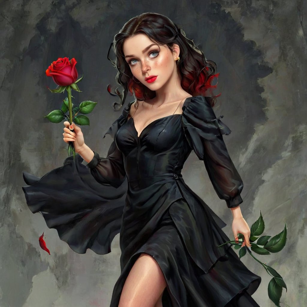 Woman wearing black dresses holds red rose