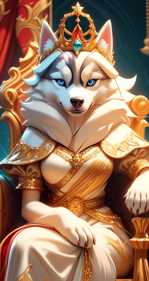  lovely girl cute white Siberian husky with piercing blue eyes,  siting on throne , wearing queen dress, crown ,enchanted Kingdom of Paws, CINEMATIC, CINEMATIC LIGHT ,8lHD detailed,artstation, sharp focus, ,photo r3al,Movie . ,Furry character