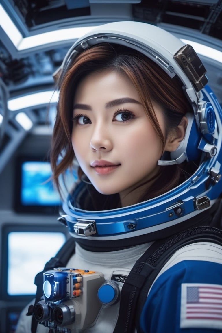 Japan cute Girl , selfie on space station , selfi sticks,space, galaxy,fantacy ultra hd,city bg. (UltraHD) .sharp. Cinematic, cinematic light, cinematic photography, realistic experience. Highly detailed, ultra sharp. ,blurry_light_background,avengers movie