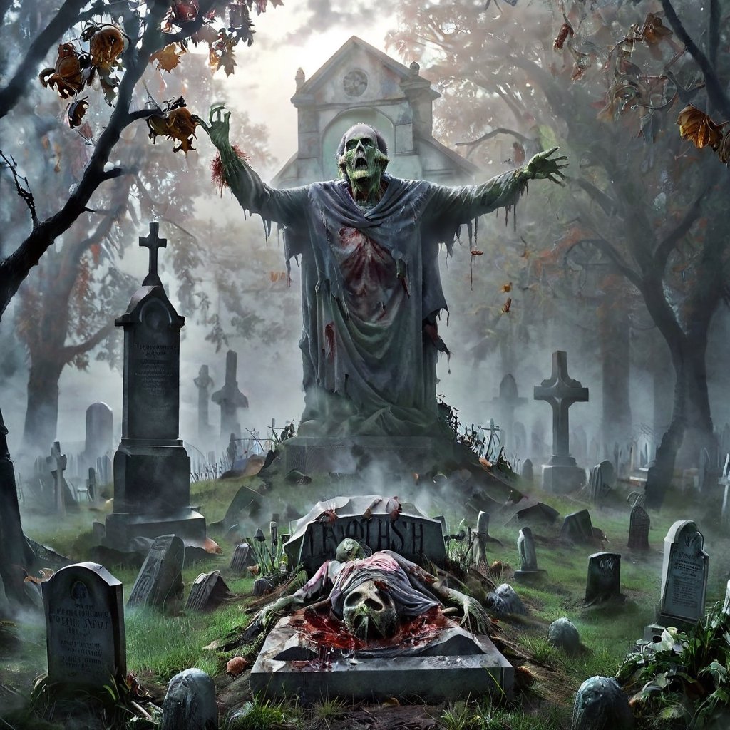 Buried Zombie Rising Out Of Ground In Misty Cemetery