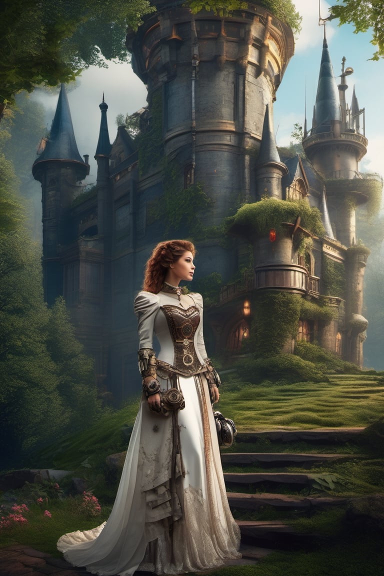  Princess,in the, castle ,broken ,(highly hyper detailed),altra hd, sharp, (realistic)night dress, trees ,flower bloom,  old place, untouched, heart of forest, secret world, morning dew,  birds whispers,moss coverd stones,mystical heaven morning hyper detailed, trending on face, detailed,artstation, sharp focus, ,photo r3al,Movie Still,cyborg style,steampunk style