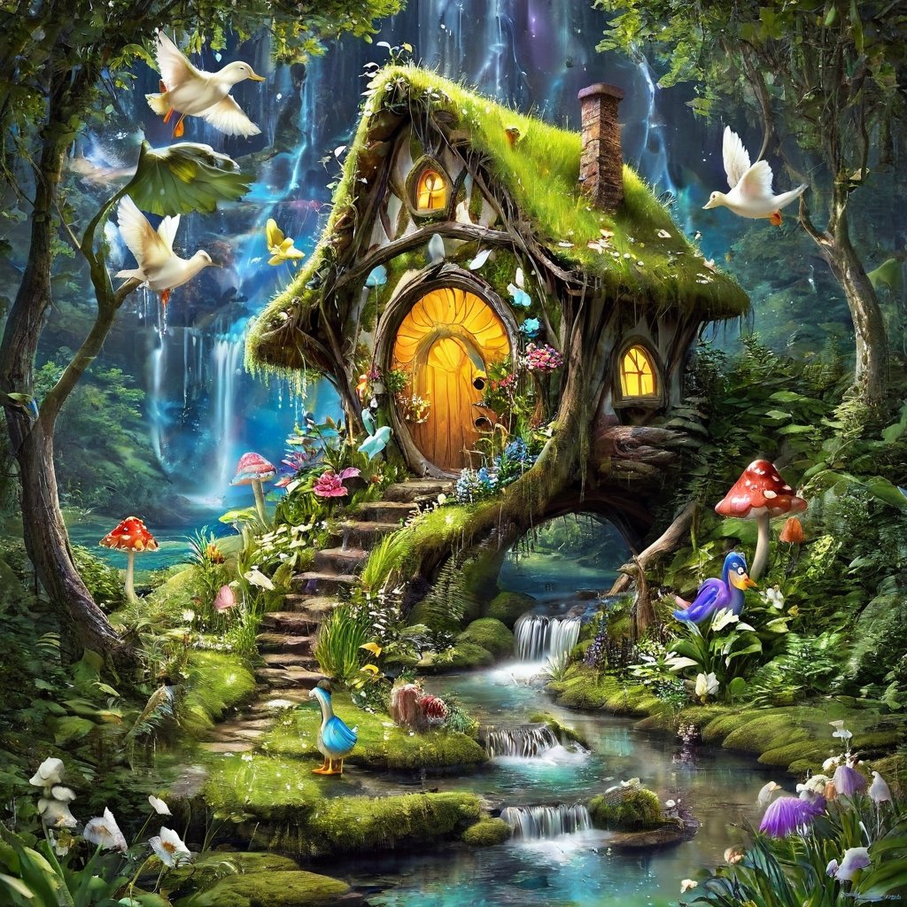 magic  fantacyworld ,beautiful girl fairy,,( plyaing ), in fantacy magic forest, , flower,mashroom ,  fantacy waterfall, lake, duck ,mashroom , mini house, colour art,style,DissolveSdxl0,3l3ctronics