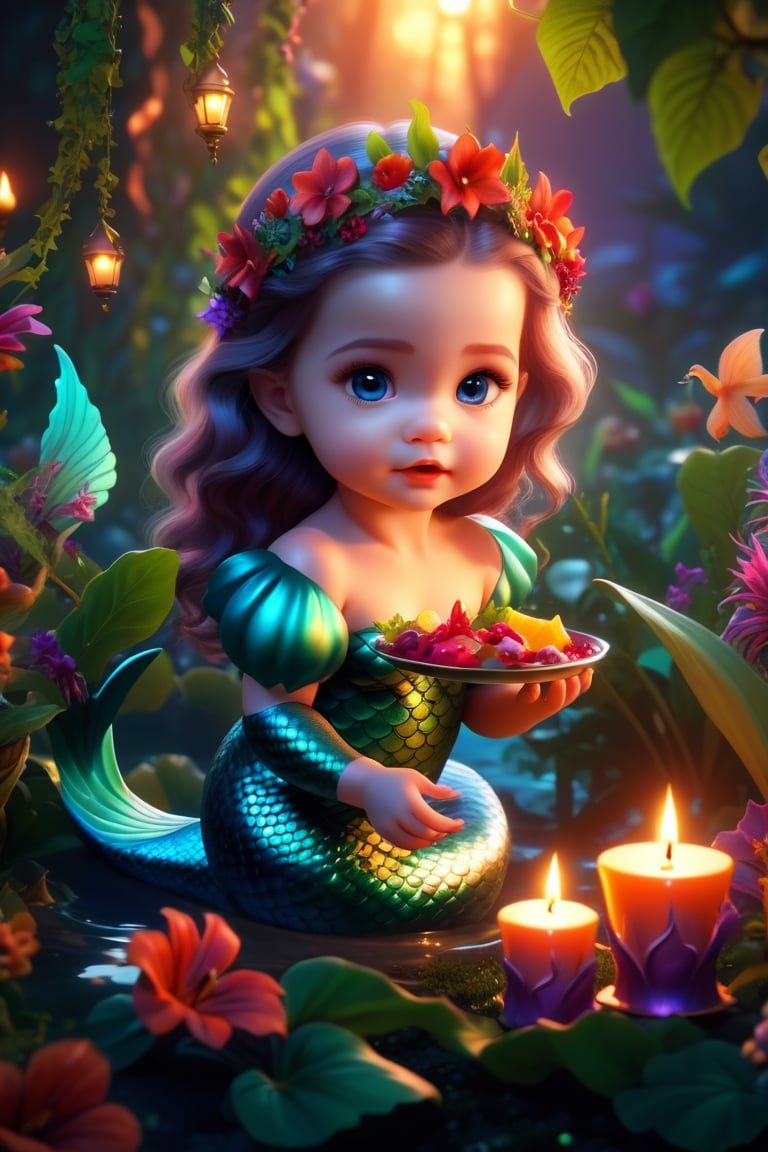 Cute baby,mermaid, with fangs,eats food ,candle light,  black dress(winged demonic creation):.5)) in a (((wild) (vine filled) jungle):((beautifull) (vibrant) (flowery) garden):.9) at (dusk sunset) 8k.