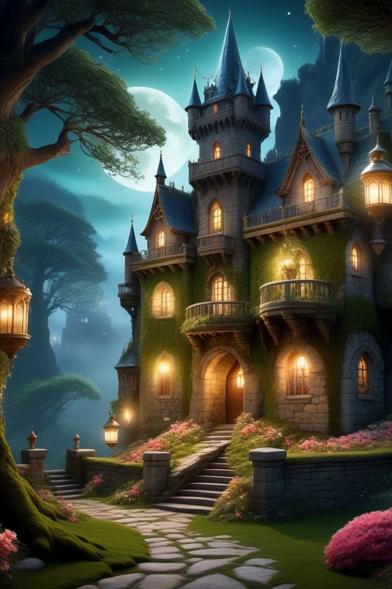 (Night time) ,Princess,in the, castle ,broken ,(highly hyper detailed),altra hd, sharp, (realistic)night dress,Ancient trees ,flower bloom,  old place, untouched, heart of forest, secret world, morning dew,  birds whispers,moss coverd stones,mystical heaven, fantacy,steampunk style