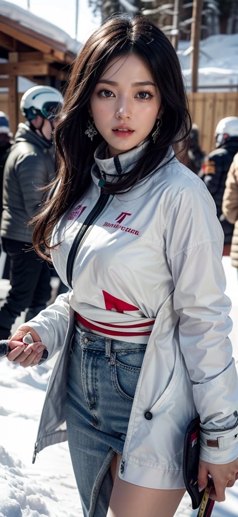  a beautiful cute Woman descends on  skiing on a sunny day and her friend takes a photo of , 
 snow fall ,  snow mountain masterpiece, photorealistic, best quality, detailed skin, intri 8k, HDR, cinematic lighting, sharp focus, eyeliner, lips, earrings, hmmikasa, long hair, 