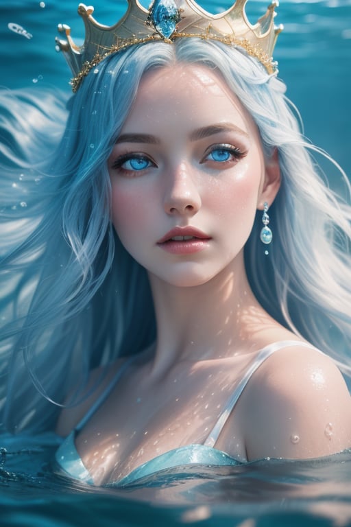  (  fantacy water crown mermaid princess )  in under sea castle  white,blue dress ,photo,(realastic), cinematic light( blueeyes) ( long water hair) masterpiece, best quality solo.(sharp focus extremely detailed, (photorealistic:1.4), (RAW image, 8k high resoluti