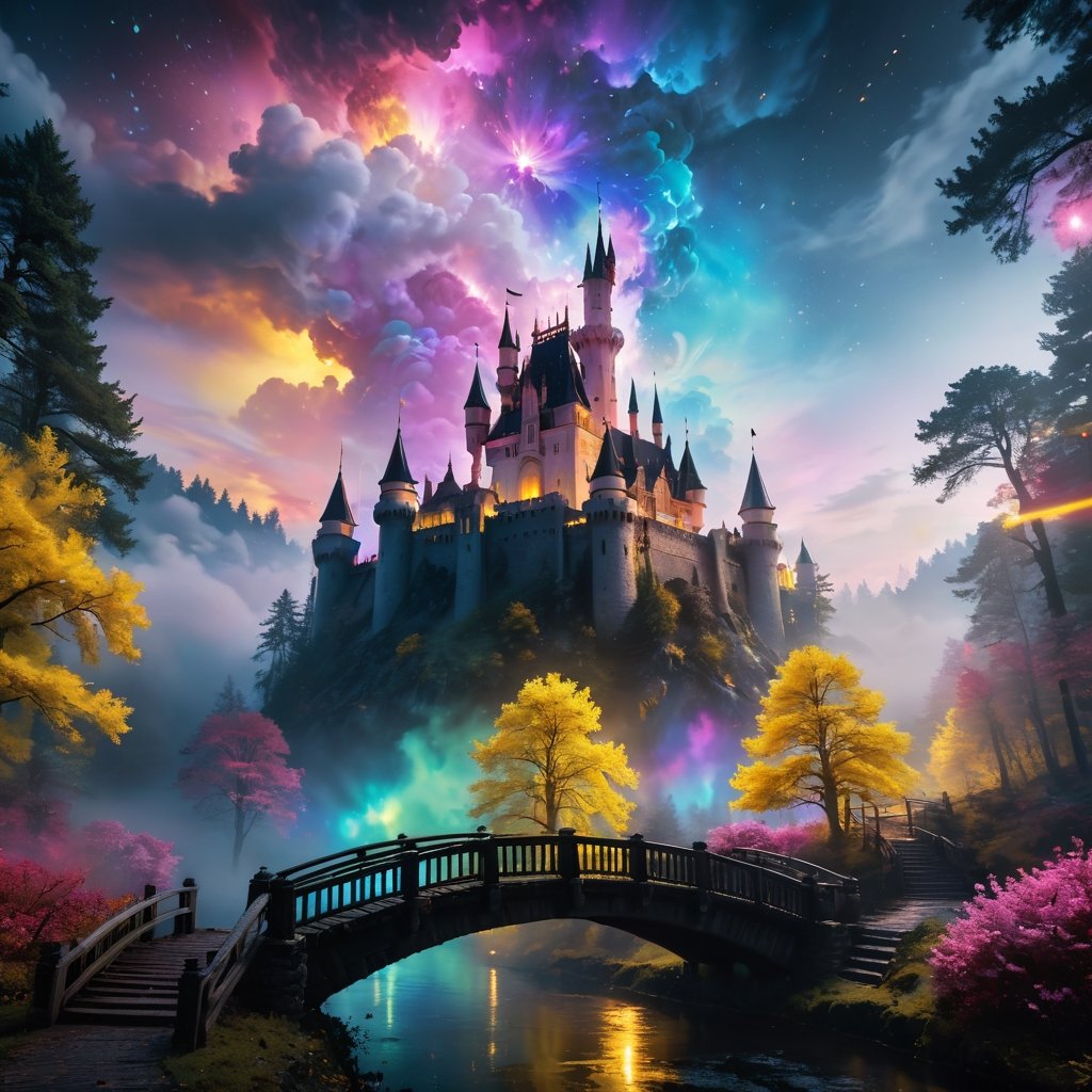 cinematic , black ,white theme ,foggy  , yellow light , night , Photorealism, professional cinematic results, nebula , coloufull color rediation , sky  ultra detailed picture of a beautiful castle in forest, colourfull flower. lack , wood bridge ,colorful  sharp focus , and complexity invoking a sense of magic and fantasy, 8kUHD, resembling steam in water, amber glow ,ColorART, colorful, style,colorful,Movie Still