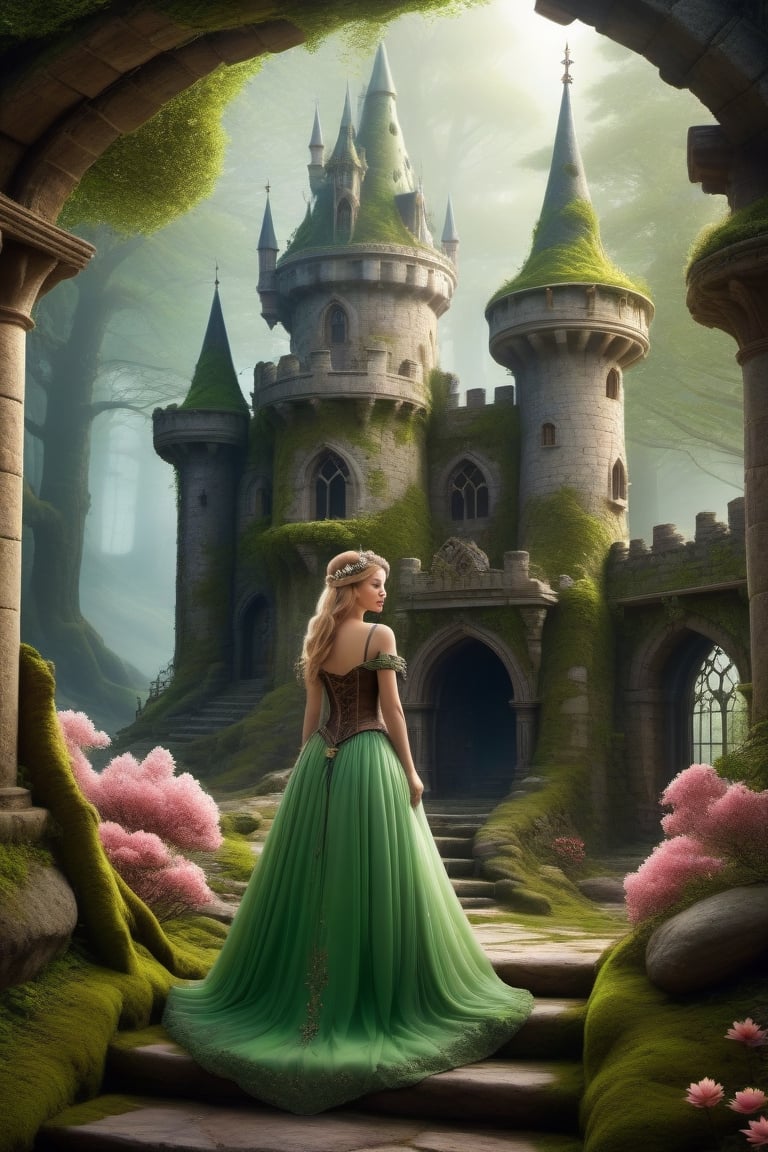 Princess,in (castle ,interior,broken) ,(realistic)night dress,Ancient trees ,flower bloom,  old place, untouched, heart of forest, secret world, morning dew,  birds whispers,moss coverd stones,mystical heaven, fantacy,steampunk style