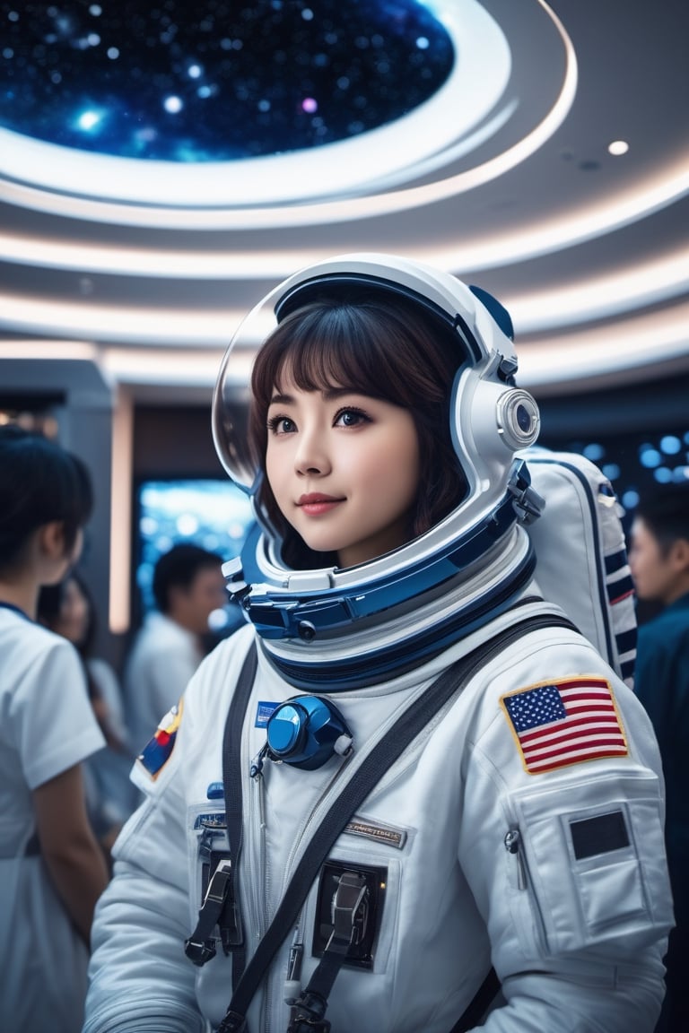 Hotel, Japan cute astronaut Girl, boy, space station hotel , lots of food, space, galaxy,fantacy ultra hd,city bg. (UltraHD) .sharp. Cinematic, cinematic light, cinematic photography, realistic experience. Highly detailed, ultra sharp. ,galaxy bg. 