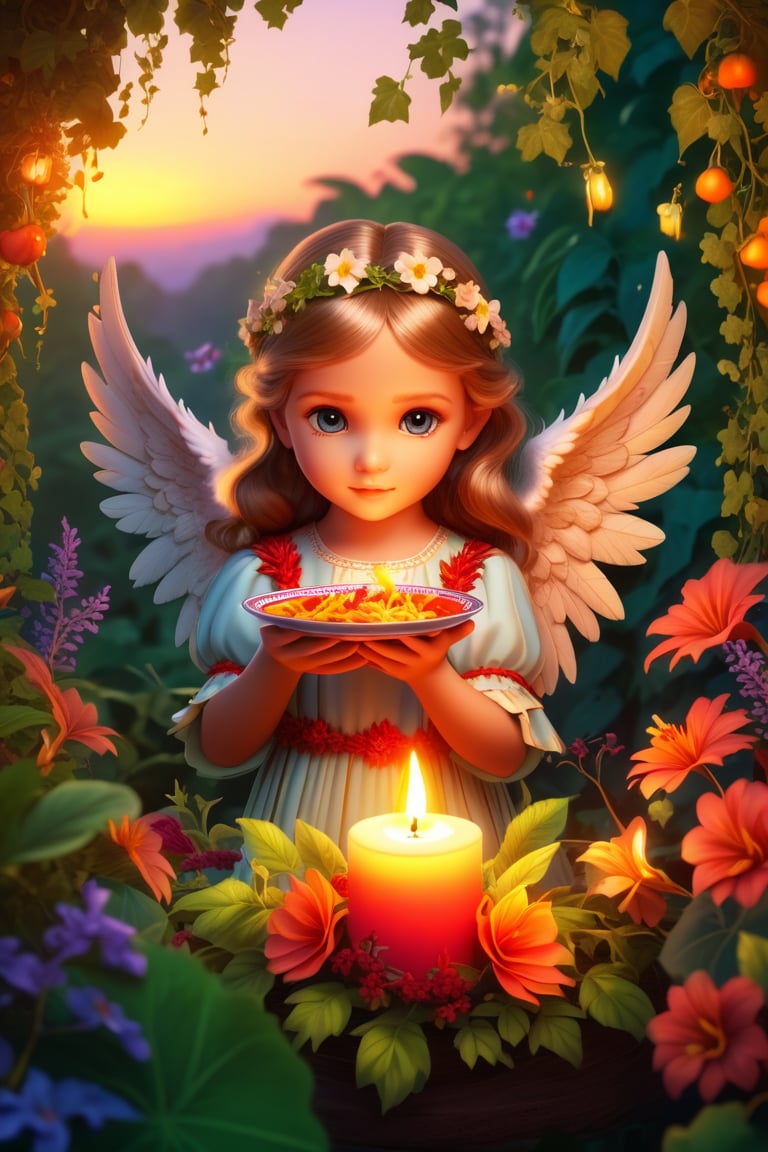 Cute angel, eats food ,candle light (winged demonic creation):.5)) in a (((wild) (vine filled) jungle):((beautifull) (vibrant) (flowery) garden):.9) at (dusk sunset) 8k.