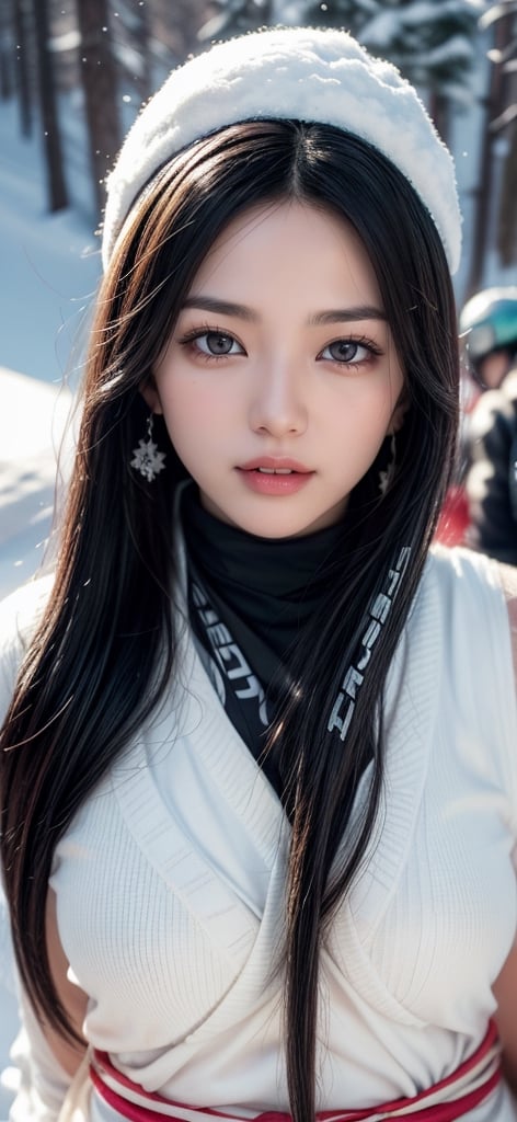  a beautiful cute Woman descends on  skiing on a sunny day and her friend takes a photo of , 
 snow fall ,  snow mountain masterpiece, photorealistic, best quality, detailed skin, intri 8k, HDR, cinematic lighting, sharp focus, eyeliner, lips, earrings, hmmikasa, long hair, 