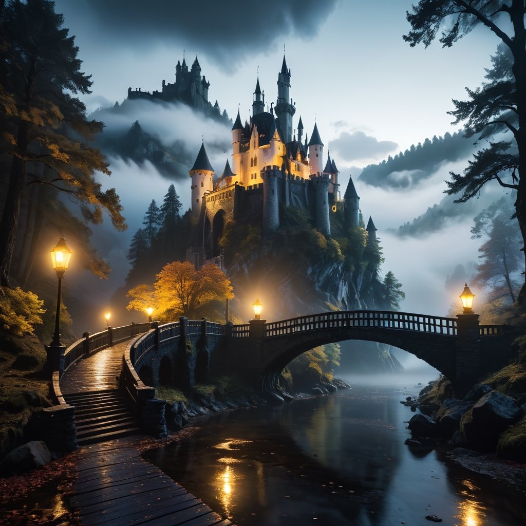 cinematic , black ,white theme ,foggy ,  clif mountain , trees,light , night , Photorealism, professional cinematic results, ultra detailed picture of a beautiful castle in forest,black . lack , wood bridge ,sharp focus , and complexity invoking a sense of magic and fantasy, 8kUHD, resembling steam in water, amber glow ,ColorART, colorful, style,colorful,Movie Still