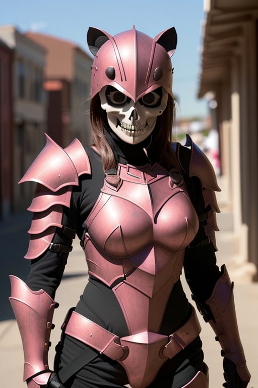 baby girl, cute, girly,  full body skull mask, ( pink armor:1.2), army, holding weapon, thedeathsquad