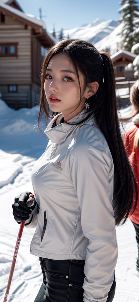  a beautiful cute Woman descends on  skiing on a sunny day and her friend takes a photo of , 
 snow fall ,  snow mountain masterpiece, photorealistic, best quality, detailed skin, intri 8k, HDR, cinematic lighting, sharp focus, eyeliner, lips, earrings, hmmikasa, long hair, 