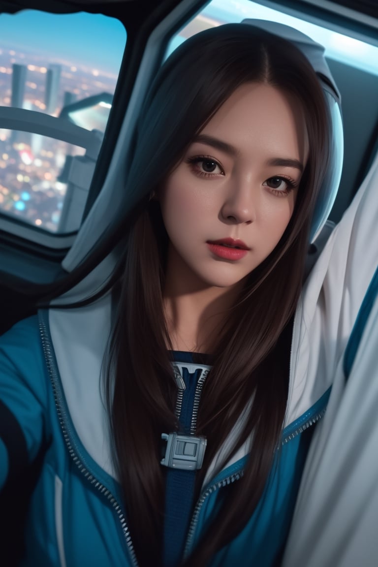 Girl , selfie on space station , selfi sticks,space, galaxy,fantacy ultra hd,city bg. (UltraHD) .sharp. Cinematic, cinematic light, cinematic photography, realistic experience. Highly detailed, ultra sharp. ,blurry_light_background,avengers movie