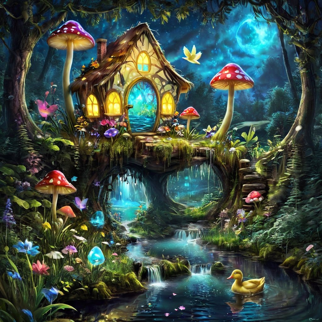 magic  fantacyworld ,beautiful fairy,,( plyaing wa_gon), in fantacy magic forest, glowing , flower,mashroom ,  fantacy waterfall, lake, duck ,mashroom , mini house, colour art,style,DissolveSdxl0,3l3ctronics