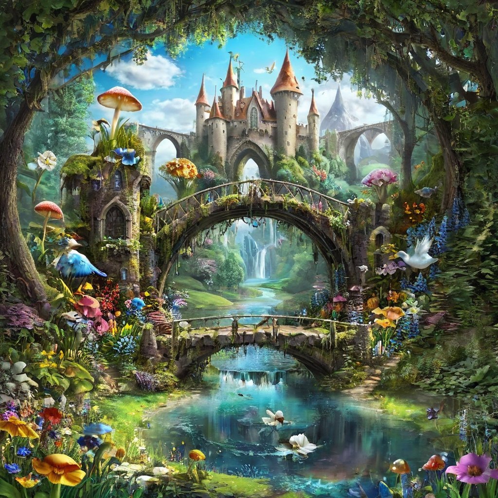 magic  fantacyworld ,castle city, bridge,  water lack,colour full flawers,in fantacy magic forest, , flower,mashroom ,  fantacy waterfall, lake, duck ,mashroom , mini house, colour art,style,DissolveSdxl0,3l3ctronics