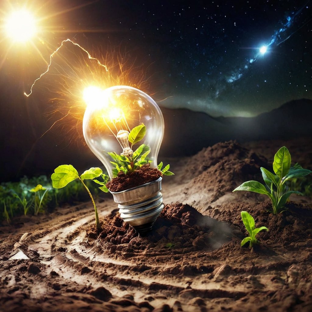 Light bulb with light flare on over soil ground. eco innovation environmental and creative concepts. copy space banner.