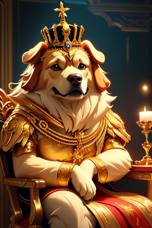 King golden retriever, wearing king dress, crown , siting on throne ,enchanted Kingdom of Paws, CINEMATIC, CINEMATIC LIGHT ,8lHD detailed,artstation, sharp focus, ,photo r3al,Movie . ,Furry character