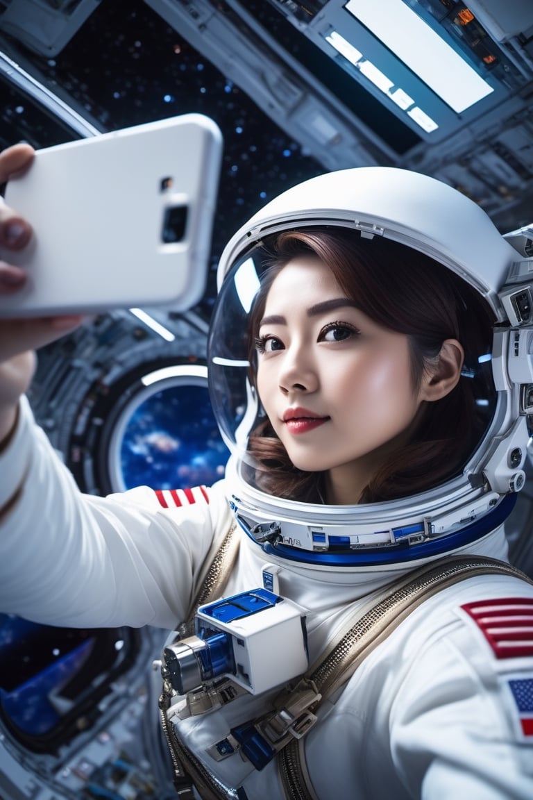 Japan cute astronaut Girl , selfie on space station , selfi sticks,space, galaxy,fantacy ultra hd,city bg. (UltraHD) .sharp. Cinematic, cinematic light, cinematic photography, realistic experience. Highly detailed, ultra sharp. ,blurry_light_background,avengers movie