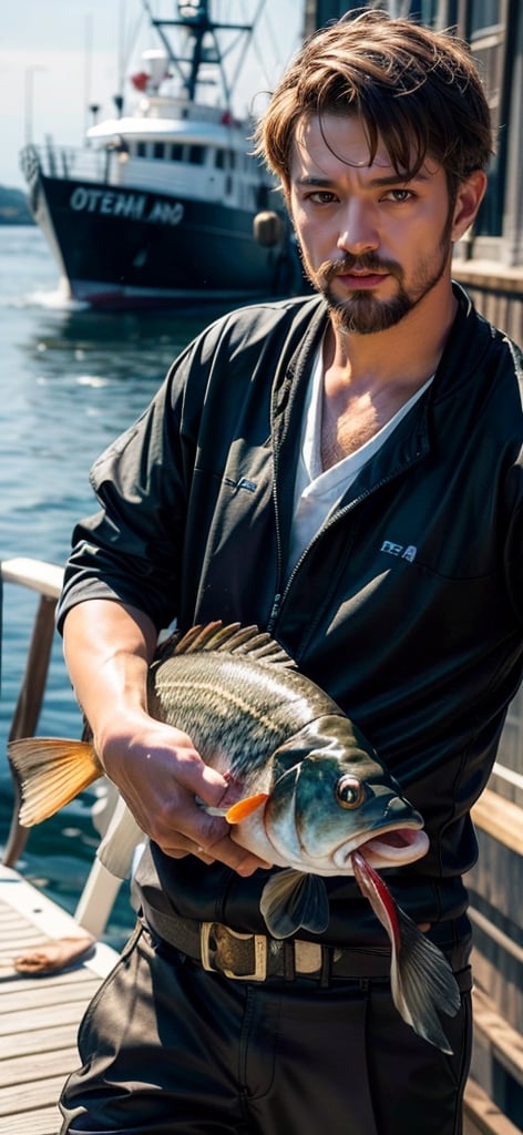 Fisherman with fresh fish on the fishing boat deck. The fisherman holds the fish in front of his eyes, with an odd effect,Germany Male