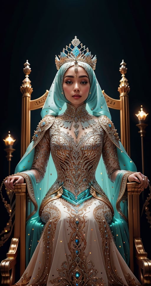 A  real hijab  queen seated on a throne , wearing royal  colorful dimond dress crown ultra focused, detailed face, cinematic lighting, dynamic pose, medium contrast, depth of field, natural glows ,Queen ,poak(l 8k hd),wrenchfaeflare,REALISTIC,photorealistic