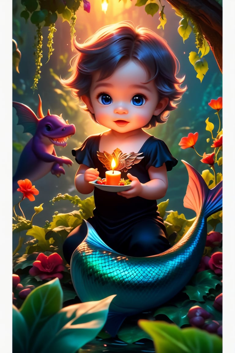 Cute babyboy,mermaid, with fangs,eats food ,candle light,  black dress(winged demonic creation):.5)) in a (((wild) (vine filled) jungle):((beautifull) (vibrant) (flowery) garden):.9) at (dusk sunset) 8k.