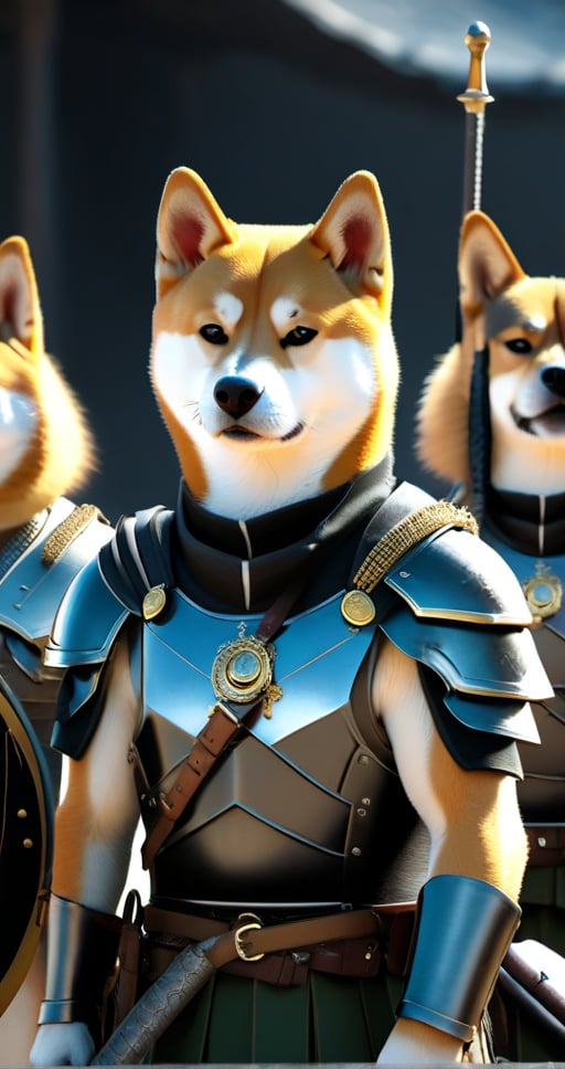 all breed  15 dogs army, armor , swords, preparing for the battle.CINEMATIC LIGHT ,8lHD detailed,artstation, sharp focus, ,photo r3al,Movie . ,Furry character,Anime ,Roman,iso island,1dragon,3D,Army pilot ,Dogecoin Artstyle,mw