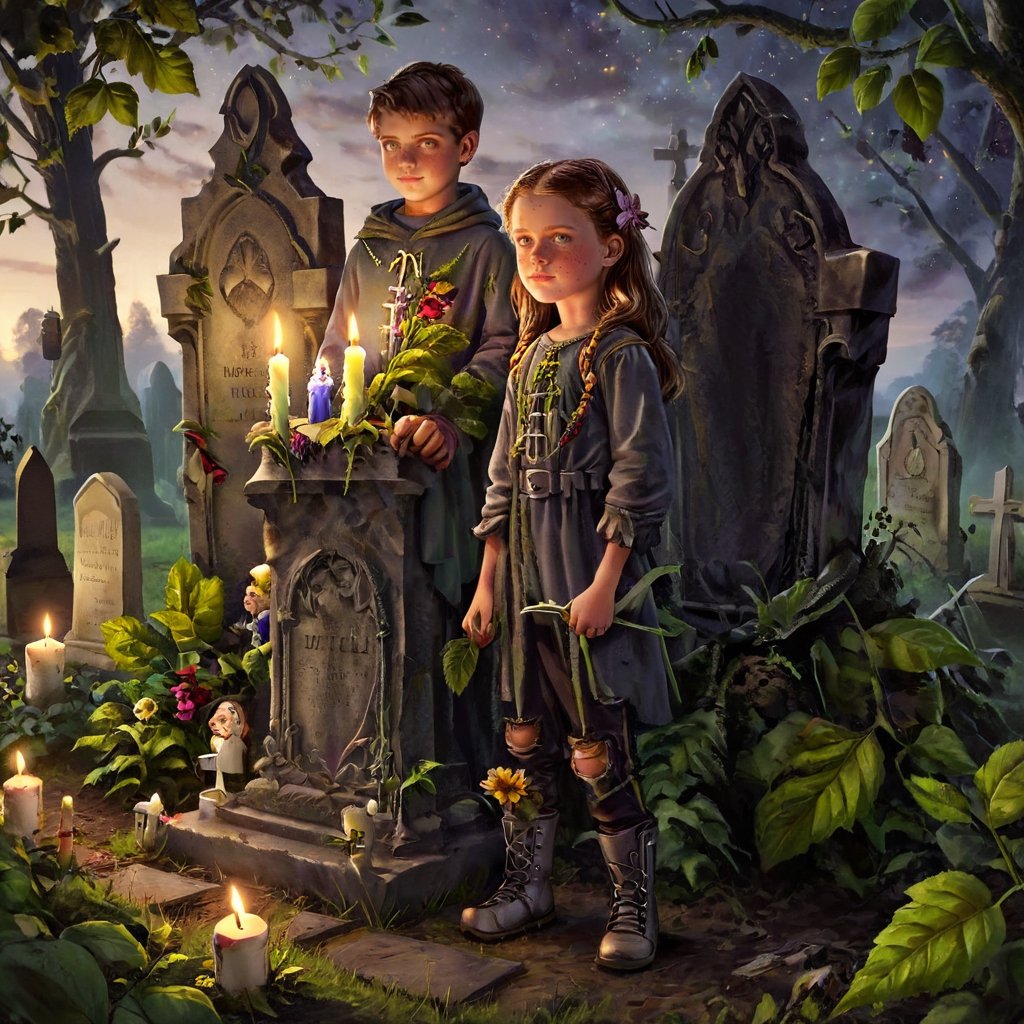 fantacy, detailed face, Two kids by the grave. There are a lot of grave candles in a row and one of the kids is holding a leaf on the top of the candle. There are some flowers in the background.,photo r3al