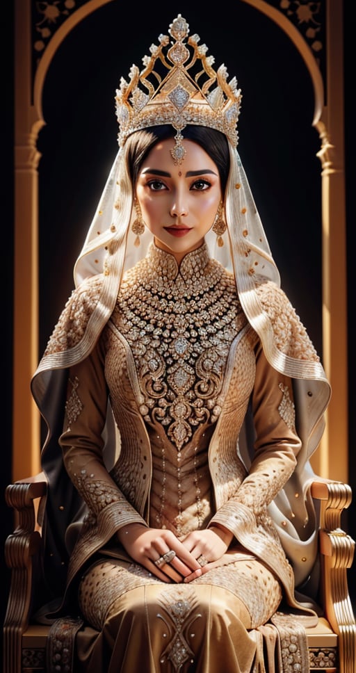 A  real mughal hijab  queen seated on a throne , wearing royal  colorful dimond dress crown ultra focused, detailed face, cinematic lighting, dynamic pose, medium contrast, depth of field, natural glows ,Queen ,poak(l 8k hd),wrenchfaeflare,REALISTIC,photorealistic,glowing, embroidery, accessories, jewelry