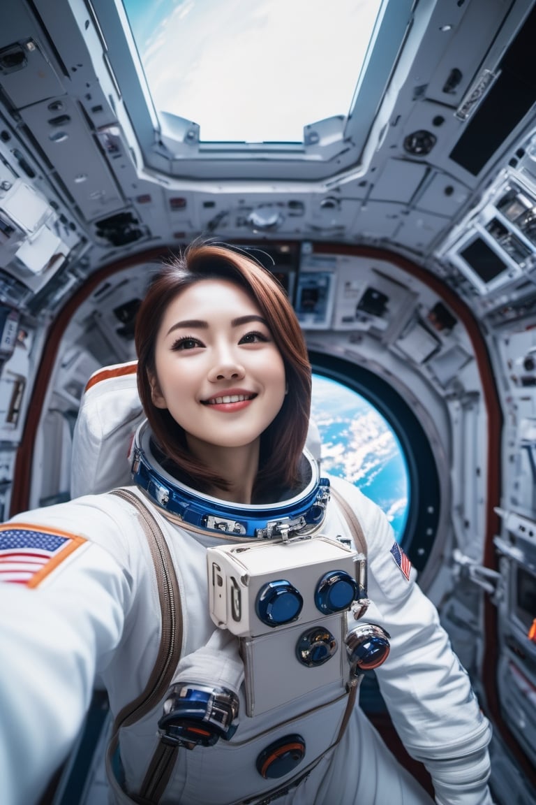 Japan cute astronaut Girl , selfie on space station , selfi sticks,space, galaxy,fantacy ultra hd,city bg. (UltraHD) .sharp. Cinematic, cinematic light, cinematic photography, realistic experience. Highly detailed, ultra sharp. ,blurry_light_background,avengers movie