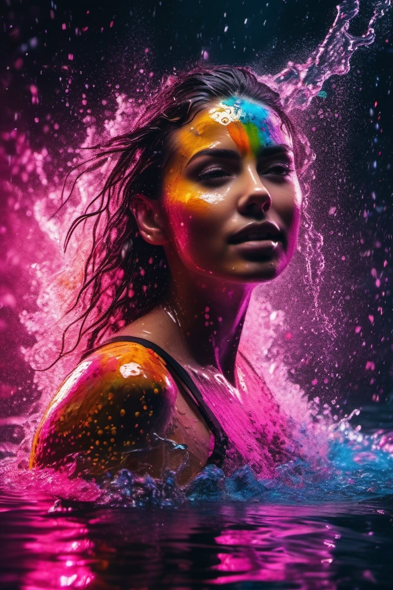 Colour blast, girl wet in colour full water, full body ,photography,  hyper detailed, cinematic,cinematicphotograpy ,cinematic light,trending on face8k.