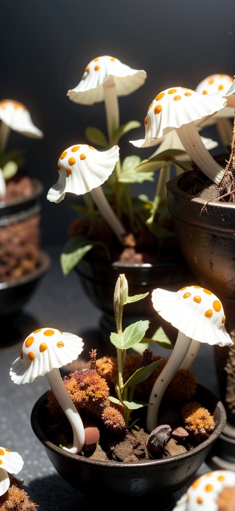 Tiny backlit pleated inkcap mushrooms rack focus foreground to background