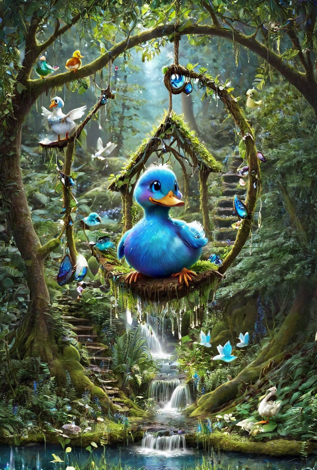  fantacy ,beautiful fairlyl, blue icey eyes,( plyaing wa_gon), in fantacy magic forest, on leaf swing, fairytale, fantacy waterfall, lake, duck ,mashroom , mini house, colour art,style,DissolveSdxl0,3l3ctronics
