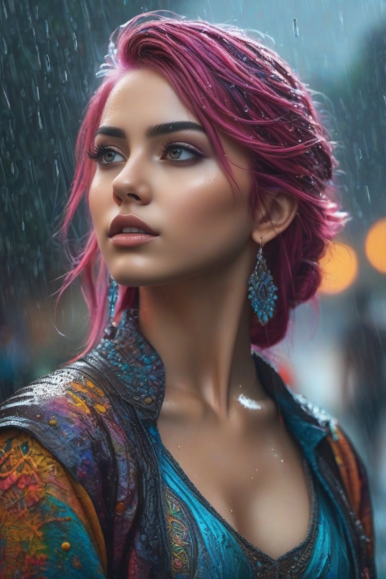 princess, colourfull hair, crop top, trousee, cinematic, rain, photography,  hyper detailed, trending on artstation, sharp focus, studio photo, intricate details, highly detailed,detailed face, detailed, (ultra hd,) 