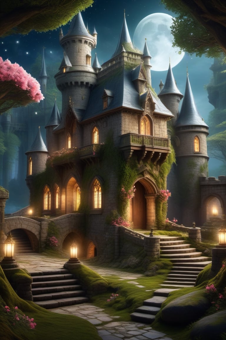 (Night time) ,Princess,in (castle ,interior,broken) ,(highly hyper detailed),altra hd, sharp, (realistic)night dress,Ancient trees ,flower bloom,  old place, untouched, heart of forest, secret world, morning dew,  birds whispers,moss coverd stones,mystical heaven, fantacy,steampunk style