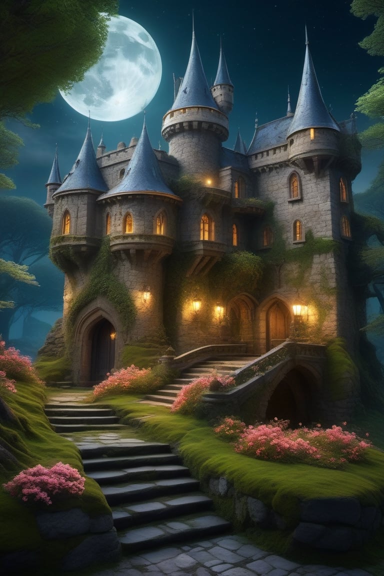 (Night time) ,Princess,in the, castle ,broken ,(highly hyper detailed),altra hd, sharp, (realistic)night dress,Ancient trees ,flower bloom,  old place, untouched, heart of forest, secret world, morning dew,  birds whispers,moss coverd stones,mystical heaven, fantacy,steampunk style,photo r3al