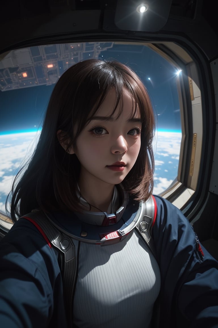 Japan cute Girl , selfie on space station , selfi sticks,space, galaxy,fantacy ultra hd,city bg. (UltraHD) .sharp. Cinematic, cinematic light, cinematic photography, realistic experience. Highly detailed, ultra sharp. ,blurry_light_background,avengers movie