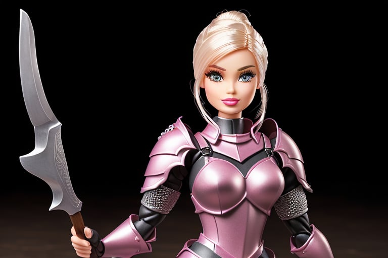 blonde barbie, cute, girly, skull mask, (pink armor:1.2), army, holding weapon, thedeathsquad