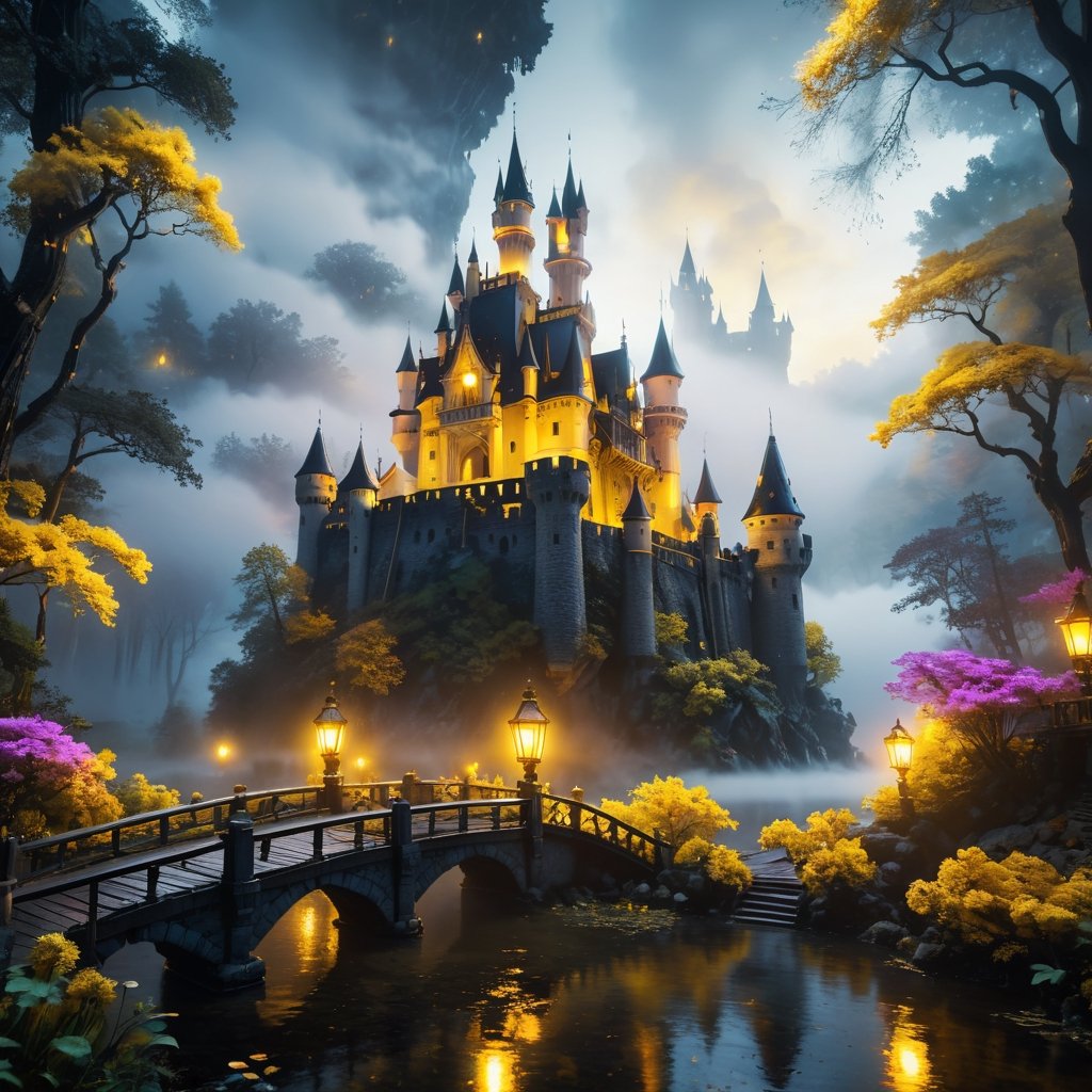 cinematic , black ,white theme ,foggy  , yellow light , night , Photorealism, professional cinematic results, ultra detailed picture of a beautiful castle in forest,black flower. lack , wood bridge ,colorful  sharp focus , and complexity invoking a sense of magic and fantasy, 8kUHD, resembling steam in water, amber glow ,ColorART, colorful, style,colorful,Movie Still