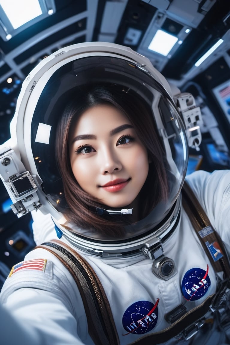 Japan cute astronaut Girl , selfie on space station , selfi sticks,space, galaxy,fantacy ultra hd,city bg. (UltraHD) .sharp. Cinematic, cinematic light, cinematic photography, realistic experience. Highly detailed, ultra sharp. ,galaxy bg. 