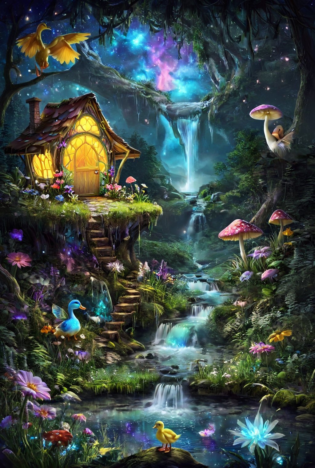 magic  fantacyworld ,beautiful fairy,,( plyaing wa_gon), in fantacy magic forest, glowing in night, flower,mashroom ,  fantacy waterfall, lake, duck ,mashroom , mini house, colour art,style,DissolveSdxl0,3l3ctronics