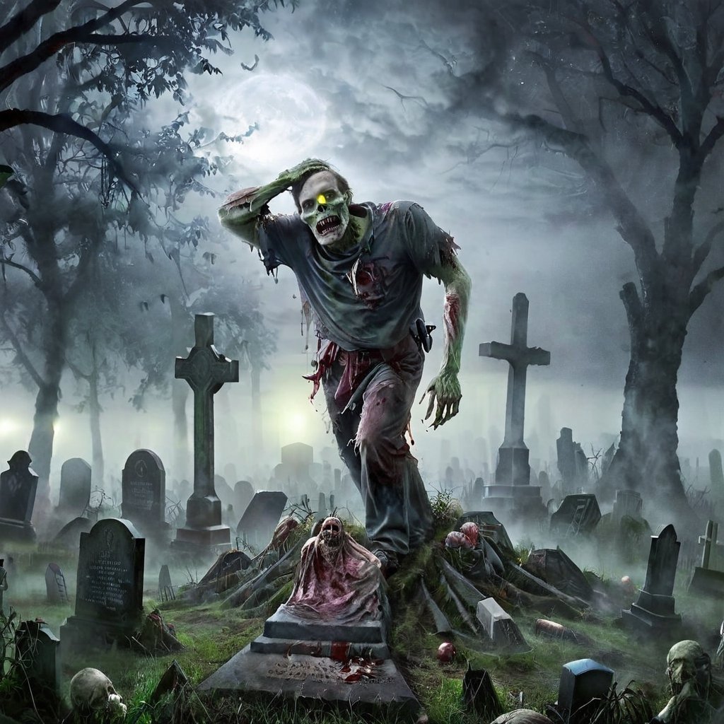 Buried Zombie Rising Out Of Ground In Misty Cemetery