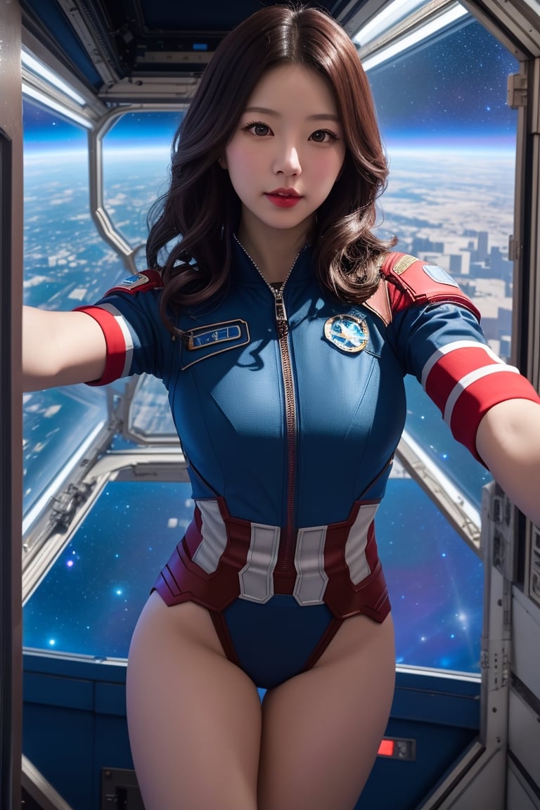 Japan cute Girl , selfie on space station , selfi sticks,space, galaxy,fantacy ultra hd,city bg. (UltraHD) .sharp. Cinematic, cinematic light, cinematic photography, realistic experience. Highly detailed, ultra sharp. ,blurry_light_background,avengers movie